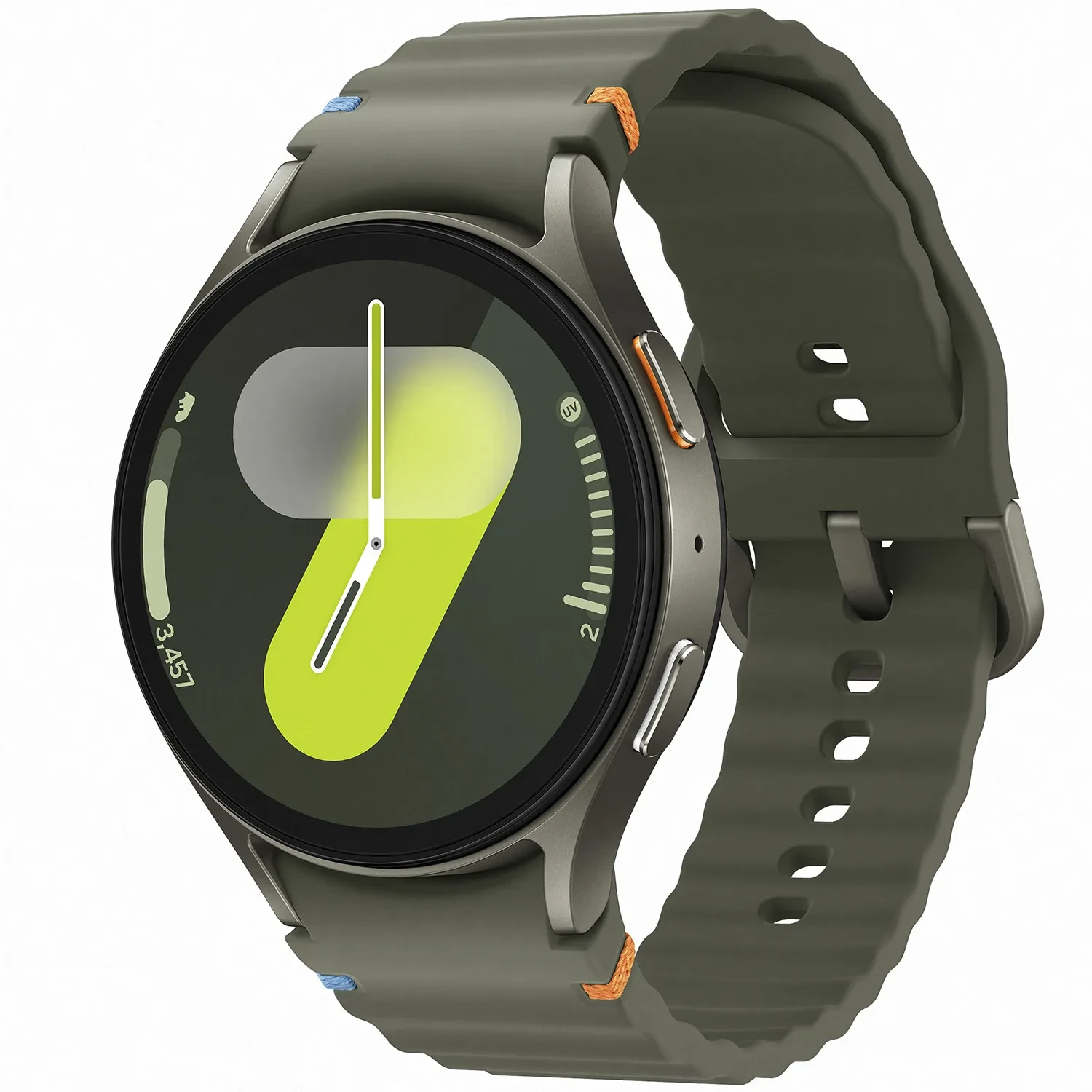 Samsung Galaxy Watch7 44mm BT Green SM-L310NZGAEUB ur med  urskive og en urkasse på 44 mm i diameter og en Gummirem i 