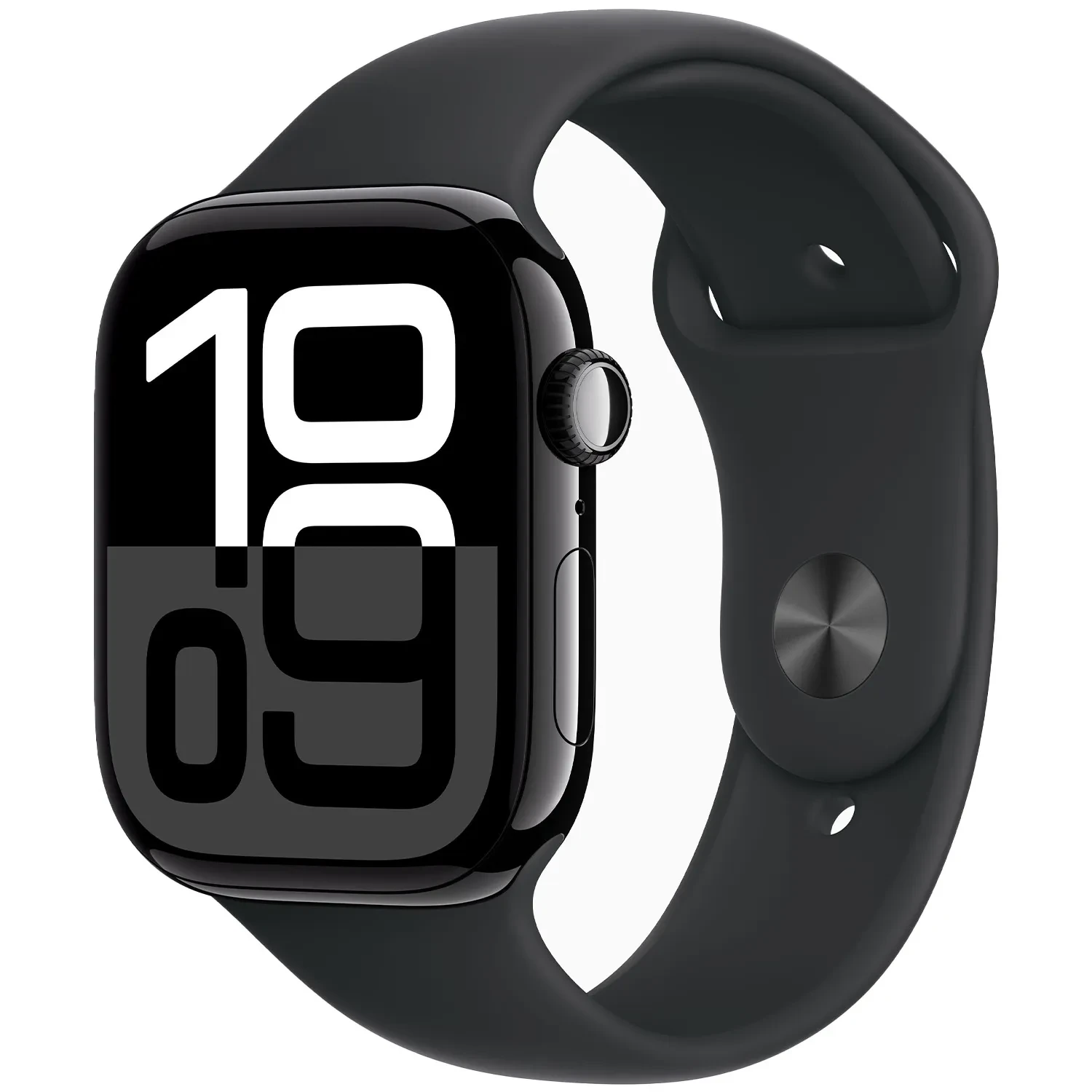 Apple Watch Series 10 GPS 46mm Jet Black Aluminium Sport Band S/M MWWP3 ur med Sort urskive og en urkasse på 46 mm i diameter og en Gummirem i Sort