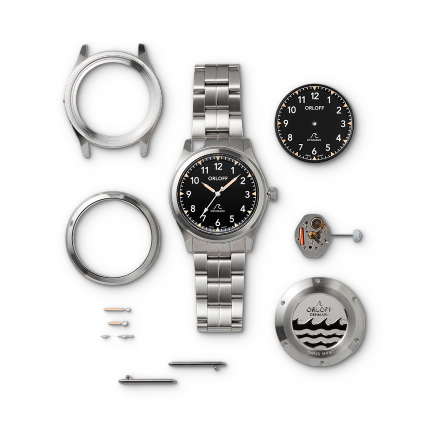 Orloff ur med alle delene adskildt rundtom