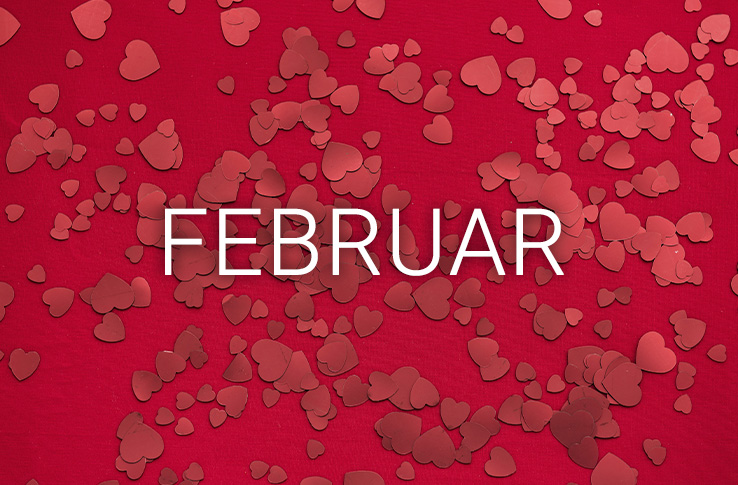 Rød baggrund med hjerter og teksten februar